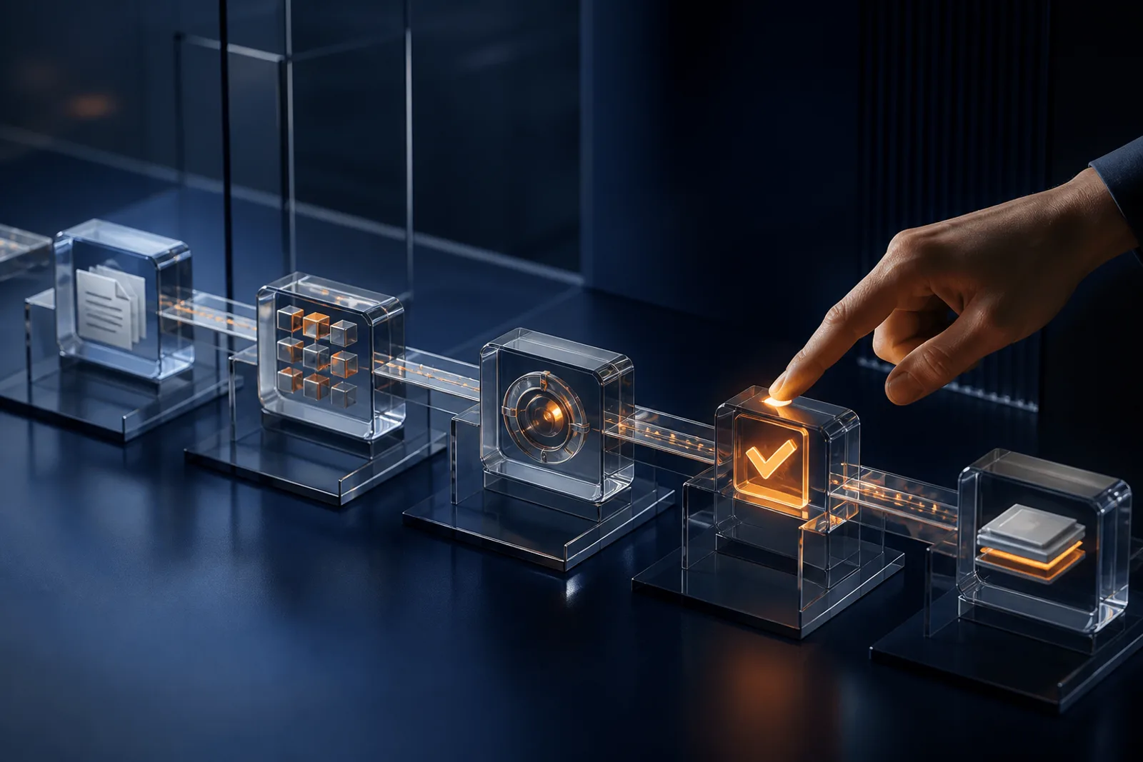 Conceptual AI workflow with connected processing stages and a human approval checkpoint